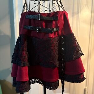 Social Collision Gothic Red Black Lace Layered Skirt Buckle Punk Cosplay XL